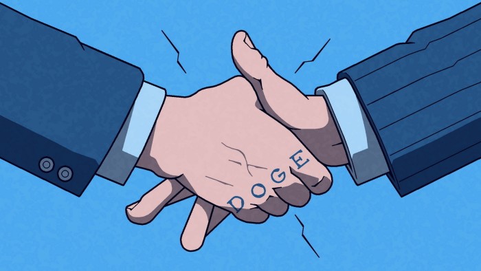 Matt Kenyon illustration of a handshake between two businessmen. One hand has the word Doge written on it and the other has crossed fingers