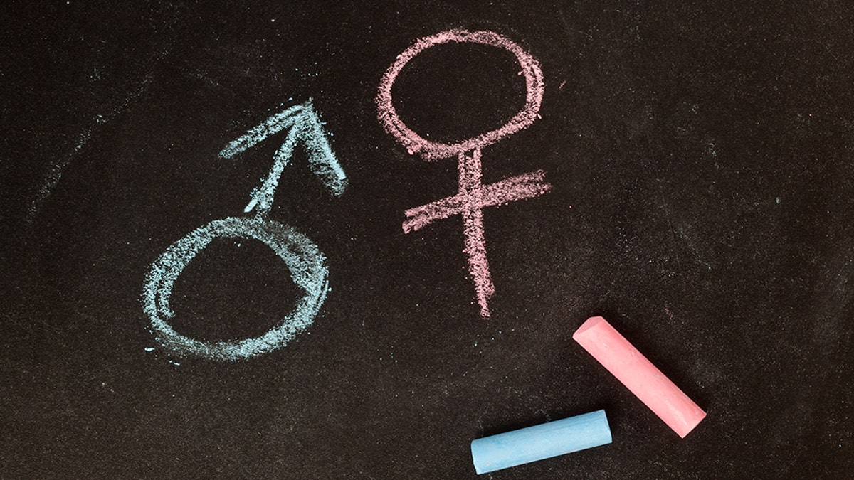 Male and female symbols drawn with plaster on a board