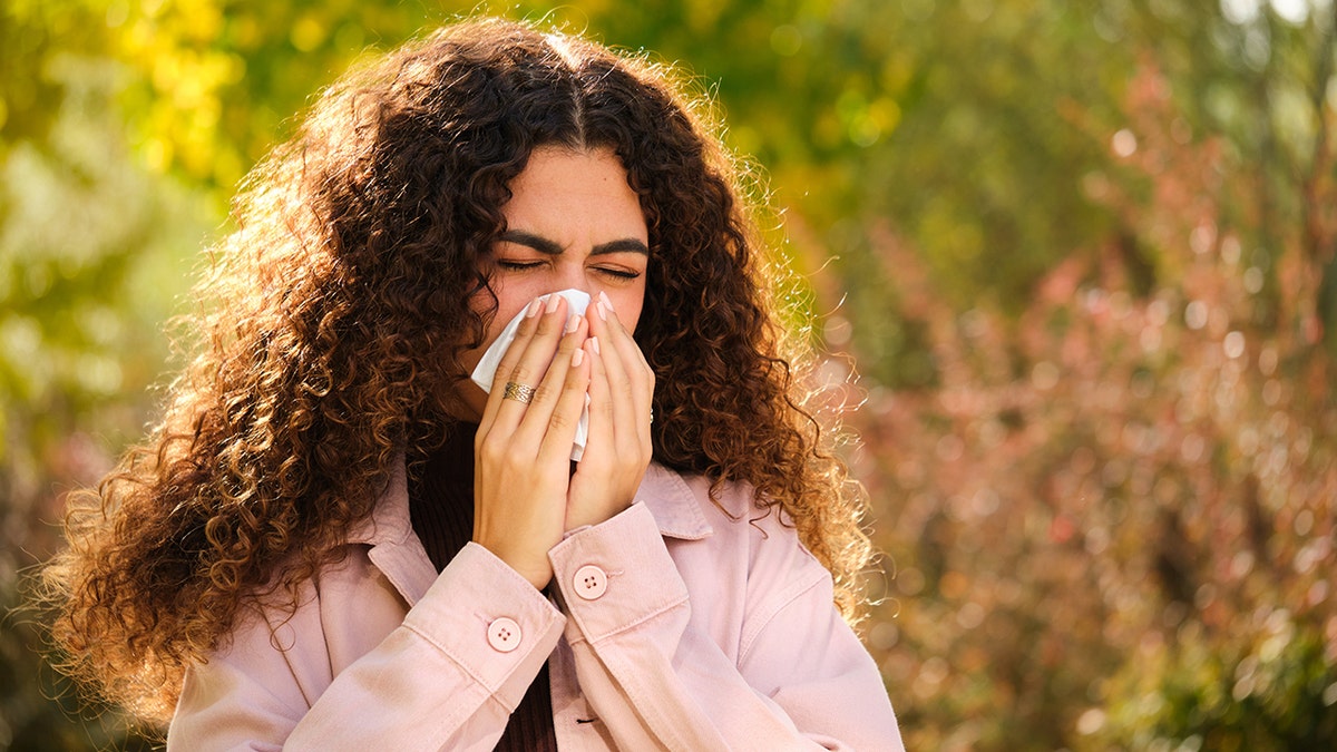 A woman with curly brown curly has a tissue on her nose with both hands, which covers the lower half of her face. His eyes are closed while blowing his nose and is positioned in the foreground of a green backdrop located in the wild