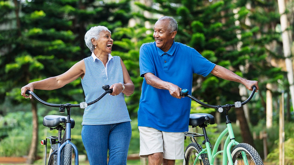 The Senior African American couple walks with bicycles, laughing