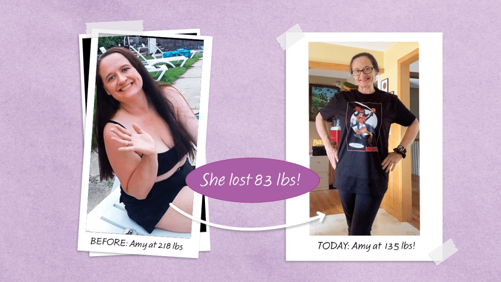 A woman, Amy, shares her before and after the photos of her incredible weight loss of 83 pounds.